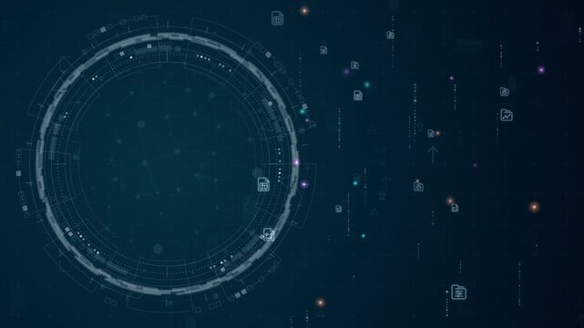 Motion graphic of futuristic circular HUD interface with file and folder icons, data management network and digital document flow for cloud storage and cybersecurity presentation.