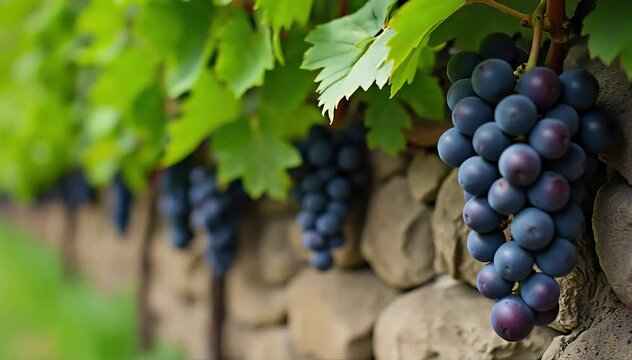 A grapevine growing along a stone wall with bunches of dark purple grapes ready for harvest 