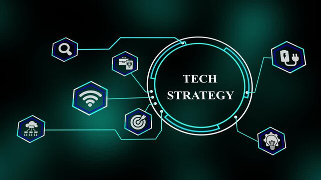 Tech Strategy framework illustrating enterprise digital planning, cloud integration roadmap, intelligent systems coordination, and scalable innovation model.