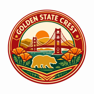 Majestic The Golden State Crest emblem with bear, poppies, and sunset bridge, capturing California heritage, beauty, and pride through its vibrant scenic and iconic landscape