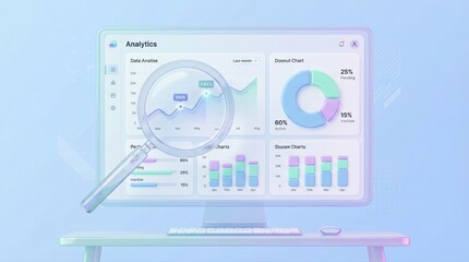 Modern analytics dashboard on computer screen with magnifying glass
