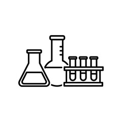 Minimalist vector illustration of laboratory glassware including flask, beaker, and test tubes for scientific research and education.