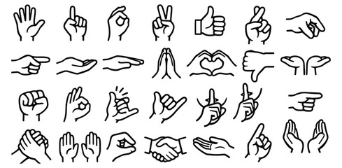 Collection of black and white hand gesture symbol communication