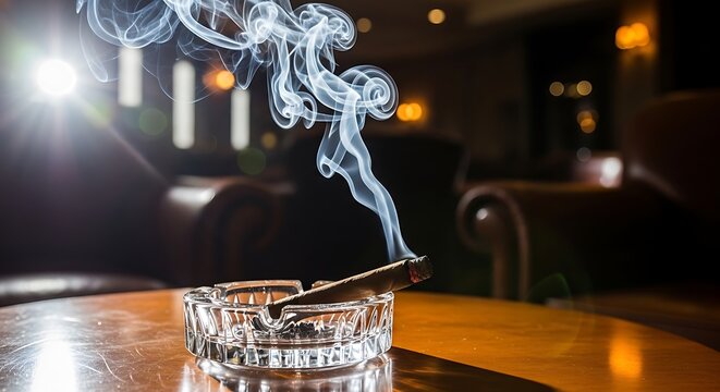 Lit cigar smoldering peacefully resting inside a heavy cut crystal ashtray on a glossy wooden table showing elegant smoke plumes rising in a dimly lit lounge atmosphere.