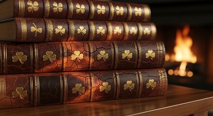 Stack of antique leather bound books featuring embossed golden shamrocks rests upon a wooden surface near a softly glowing warm fireplace scene indoors.
