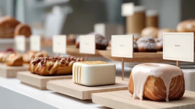 A selection of assorted pastries and desserts is beautifully displayed on wooden trays in a modern bakery. Blank labels stand in front of each treat, inviting curiosity and choice