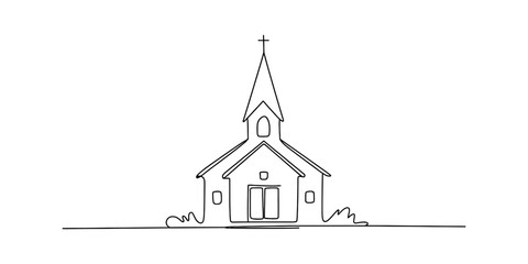 A simple continuous line art drawing of a church building with a steeple and cross Vector, illustration
