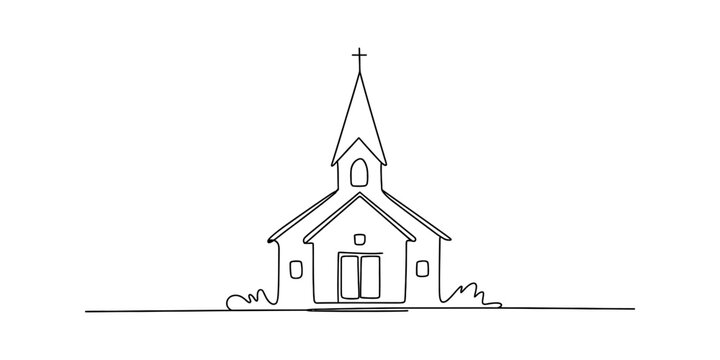 A simple continuous line art drawing of a church building with a steeple and cross Vector, illustration