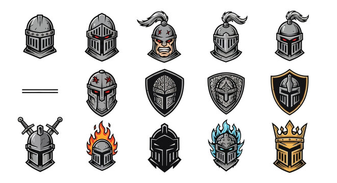 Medieval Helmet Shield Crown Icons Set.
