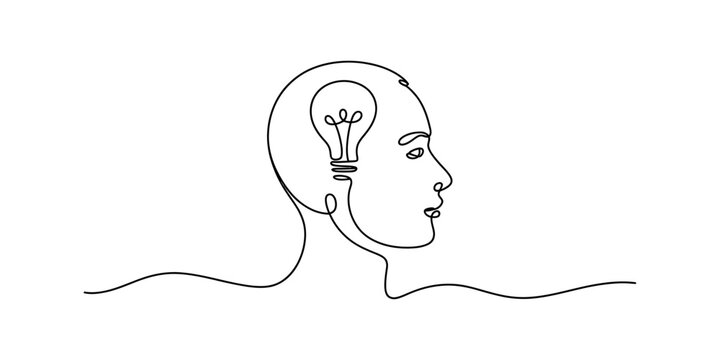 Continuous line drawing of a human head in profile with a light bulb inside, symbolizing an idea or creative thought. Vector, illustration