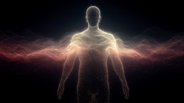 Luminous human silhouette. Glowing energy field around body, abstract aura waves, anxiety and anger vibes, dark background, conceptual spiritual illustration.