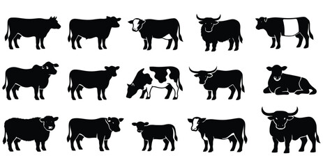 Collection of black cow and bull silhouettes on white