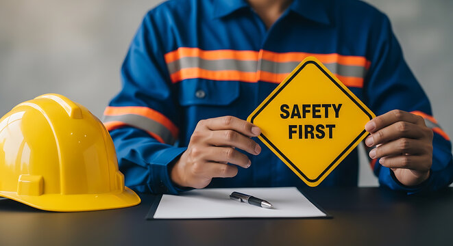 Worker prioritizing safety with hard hat and safety sign