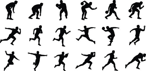 Male athlete sports silhouette collection, basketball and running action poses set, fitness training people, black vector icons isolated white background