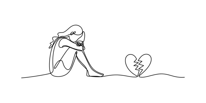 A continuous line drawing illustrating a sad woman sitting next to a broken heart symbol, representing heartbreak and grief. Vector, illustration