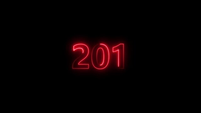 Neon number 201 glowing bright on black background 4k video..