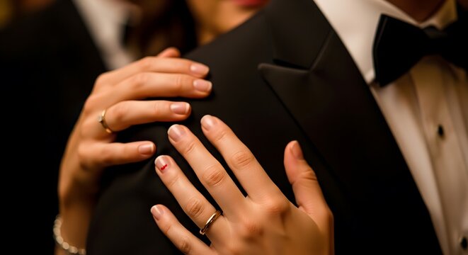 A close-up view of a woman's manicured hands gently embracing the shoulder of a man dressed in a sophisticated tuxedo, elegantly showcasing her wedding rings and a subtle red detail. This intimate ges