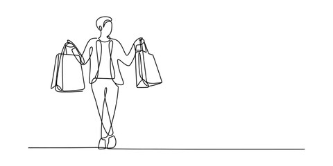 Minimalist one line art of a woman carrying multiple shopping bags after a spree Vector, illustration © Continues One Line D