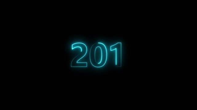 Neon number 201 glowing bright on black background 4k video..