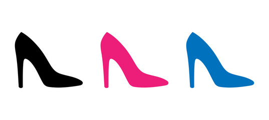 Three high heeled shoes in black, pink, and blue