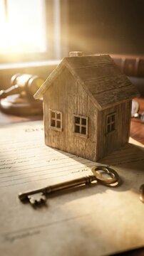 Small wooden house model sits beside key on legal documents