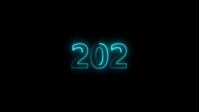 Neon number 202 glowing bright on black background 4k video..
