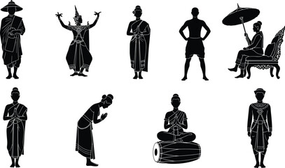 Thai traditional people silhouettes set with dancer greeting royal and cultural costume illustration collection © Ayejoddin