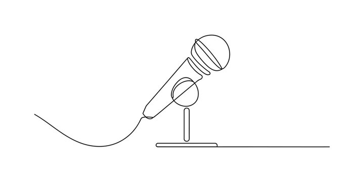 A minimalist continuous line art drawing of a classic microphone on a stand with a connected cable Vector, illustration