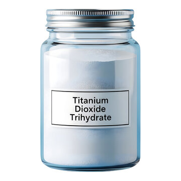 Glass jar with titanium dioxide trihydrate powder and silver lid isolated on transparent background