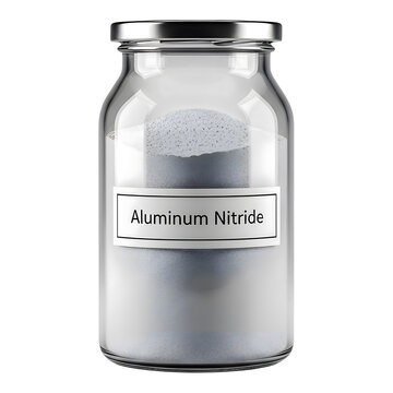 Aluminum nitride powder in a glass jar with a metal lid and labeled container