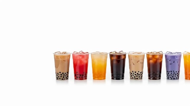 Array of colorful bubble tea drinks, each with ice, in plastic cups on white backdrop