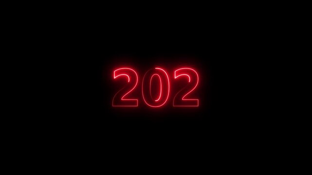 Neon number 202 glowing bright on black background 4k video..