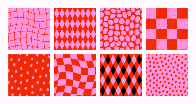 Seamless whimsical pattern set with dots, checker, confetti, rhombus, and wavy grid elements in groovy vector style. Great for abstract backgrounds and playful designs. Drag to swatches panel.