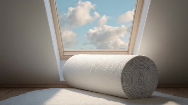A rolled up white mattress lies on a soft carpet in a cozy attic room with a large skylight window, letting in natural daylight. Fluffy clouds and blue sky are visible outside the window