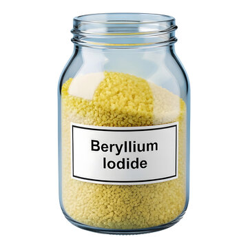 Glass jar containing beryllium iodide powder with a label on transparent background