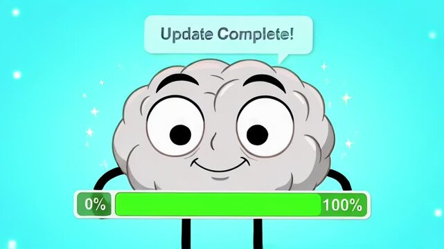 Playful cartoon brain showing update progress with a completion banner.