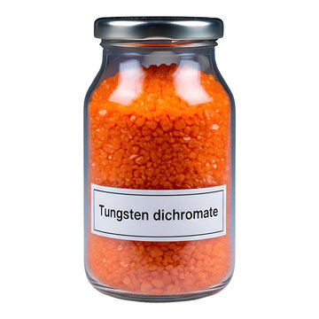 Tungsten dichromate powder in glass jar with label isolated on transparent background for laboratory use