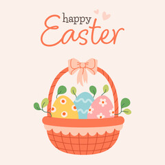 Happy Easter greeting card with painted eggs basket. Perfect for cards, invitations, posters, home decor, and seasonal design. Flat vector illustration