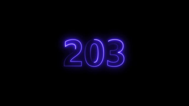 Neon number 203 glowing bright on black background 4k video..