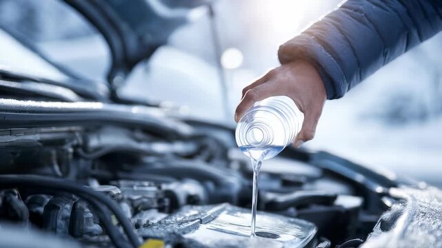 A person pours liquid into a car engine compartment on a cold winter day, focusing on vehicle maintenance and winter preparation. The image highlights automotive care in freezing conditions