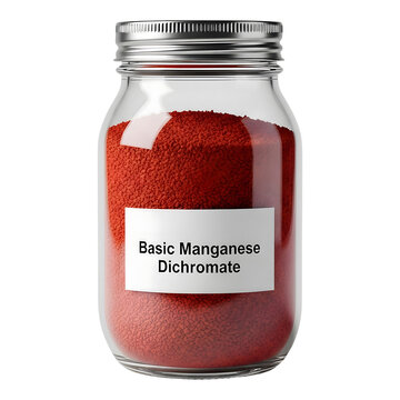 Glass jar filled with red powder labeled basic manganese dichromate on transparent background