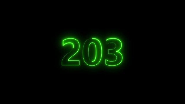 Neon number 203 glowing bright on black background 4k video..