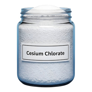 Glass jar filled with white cesium chlorate powder on transparent background for scientific use