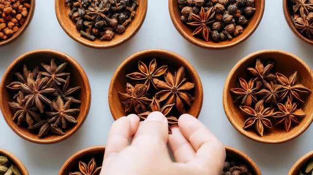 A hand reaches for star anise from a selection of various whole spices arranged in small wooden bowls on a white background. Culinary ingredients are displayed in an organized, top down view