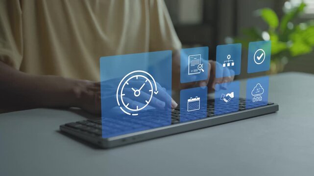 Digital time management concept. Person typing keyboard with time tracking and planning icons, workflow organization, priority setting and performance efficiency.
