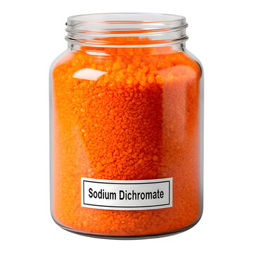 Glass jar containing orange sodium dichromate powder with a label on isolated transparent background