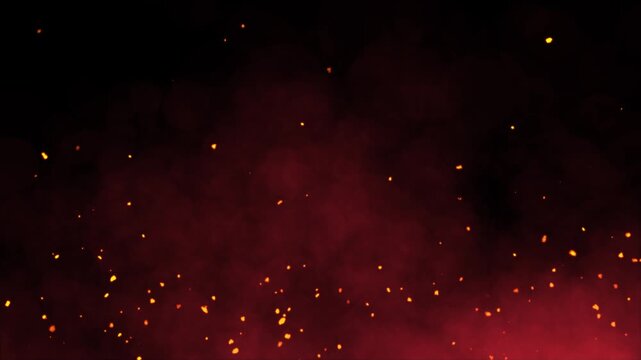 4K Overlay Fire Sparkle Animation on Black Background. Fire Particles and Burning Embers with Glowing Sparkles,  Fiery Orange Bonfire Particles Over Black Background. bonfire flares, dust flying