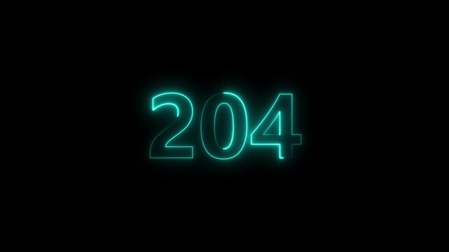 Neon number 204 glowing bright on black background 4k video..