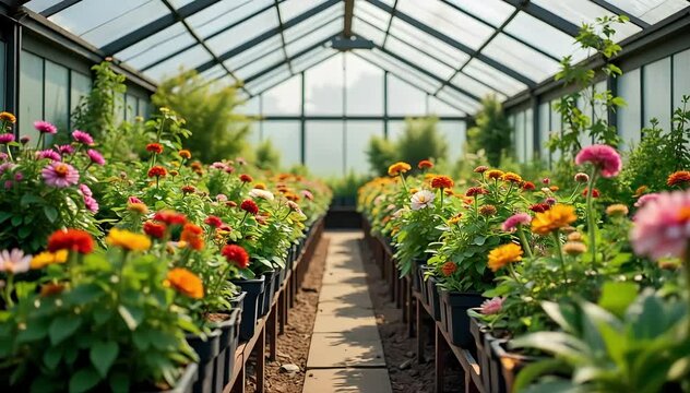 A greenhouse filled with flowering plants 