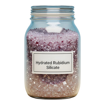 Glass jar filled with hydrated rubidium silicate crystals on transparent background for scientific use